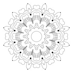vector black and white circular flower mandala with hearts - adult coloring book page
