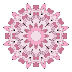 vector colored circular flower mandala with hearts - adult coloring book page - old pink color on white background