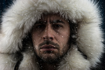 Close up portrait of a white man dressed with an eskimo jacket in the snow looking at the camera
