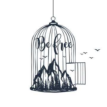 Hand drawn cage with mountains textured vector illustration and "Be free" inspirational lettering.