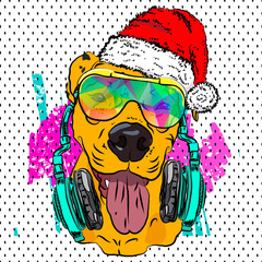 Cool print with a bulldog in a New Year's cap on a colored background. Vector.