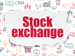 Business concept: Painted red text Stock Exchange on Torn Paper background with  Hand Drawn Business Icons
