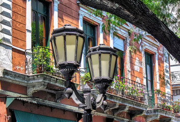 Traditional building facades in San Telmo neighborhood in Buenos Aires, Argentina.