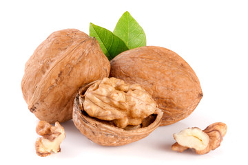 Walnuts with leaf isolated on white background