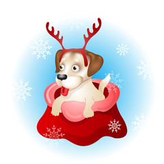 Cute Christmas Cartoon vtctor Illustration of a Dog with deer horn in Santa's bag.