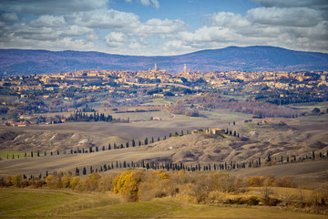 Panorama of Siena seen from Val D'Arbia. Siena, Tuscany, Italy.