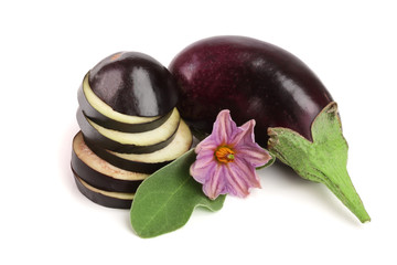 sliced eggplant or aubergine vegetable with flower isolated on white background