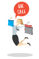 Happy Jumping caucasian woman with shopping bags