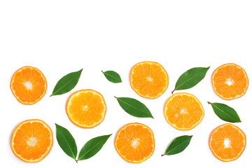 slices of tangerine with leaves isolated on white background with copy space for your text. Flat lay, top view.