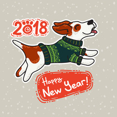 New Year postcard with dog in colorful sweater