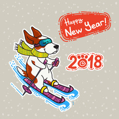 New Year postcard with dog in colorful sweater