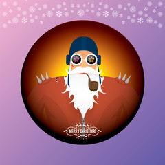vector DJ rock n roll santa claus with smoking pipe, santa beard and funky santa hat isolated on violetred christmas square background with snowflakes. Christmas hipster party poster, banner or card.