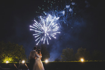 Couple watching fireworks at wedding