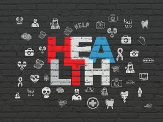 Healthcare concept: Painted multicolor text Health on Black Brick wall background with  Hand Drawn Medicine Icons