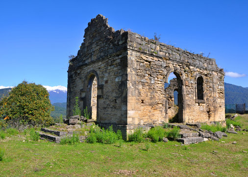 The ruins of the church near Bedia Cathedral. Abkhazia