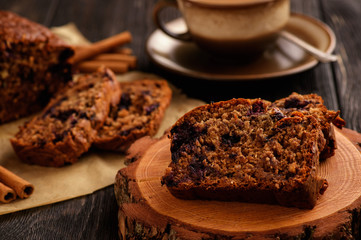 Homemade banana bread loaf with blueberries.