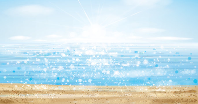 Vector  ocean with blue  sky and sandy beach, blurred effect.