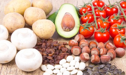 Natural products rich in potassium (K) . Healthy food concept.