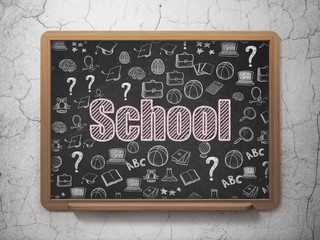 Studying concept: Chalk Pink text School on School board background with  Hand Drawn Education Icons, 3D Rendering