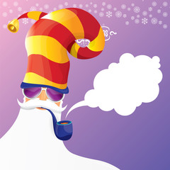 vector DJ rock n roll santa claus with smoking pipe, santa beard and funky santa hat isolated on violetred christmas square background with snowflakes. Christmas hipster party poster, banner or card.