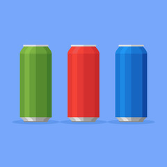 Set of aluminum soda cans isolated on blue background. Flat style vector illustration.