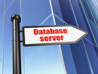 Programming concept: sign Database Server on Building background, 3D rendering
