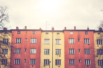 red and yellow gdr plattenbau building