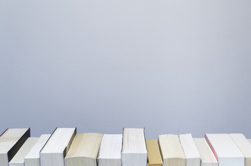 Books in a row on light grey background