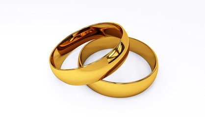 3d rendering of wedding rings on white background closeup. A pair of gold wedding rings.