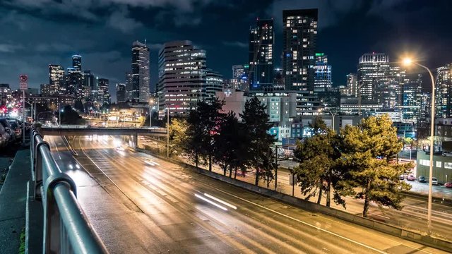 Epic Night Time-Lapse Downtown Seattle Freeway and Skyscraper Buildings