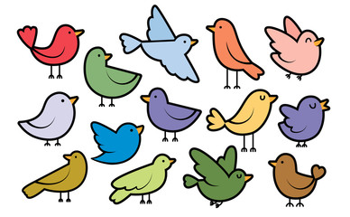 Set Of Cute Cartoon Birds Isolated On White Background
