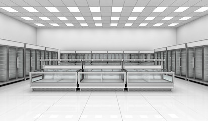 Interior empty supermarket with showcases and freezer bonnet. 3d image