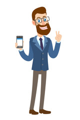 Victory! Hipster Businessman holding mobile phone and showing victory hand sign or quotes hand sign