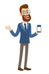 Hipster Businessman holding mobile phone and gesticulating