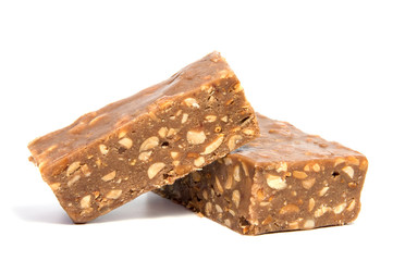 chocolate bar isolated on white / chocolate protein bar / Piece of chocolate candy isolated on white background