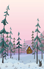 Obraz premium winter snow vertical forest landscape with house on the hill