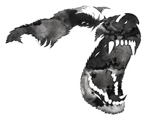 black and white monochrome painting with water and ink draw dog illustration