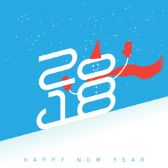 Happy New Year. The snowman in a red hat, scarf and mittens, riding the mountain on a sled. Stylized inscription 2018.