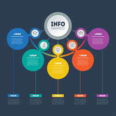Infographic or Business presentation with 5 options. Web Template of a chart, mindmap or diagram with 5 steps. Vector infographics or mind map of technology or education process on dark background.