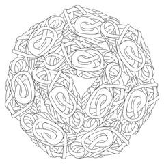Abstract ornamental illustration for design, coloring. Black and white doodle. Round pattern