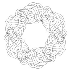 Striped abstract ornamental illustration for design, coloring. Black and white doodle. Round pattern