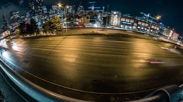 Fisheye Time-Lapse of Freeway in Seattle City at Night