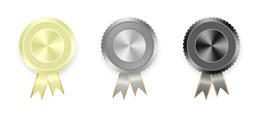 Set of vector labels white, gray and black with colored ribbons with gold ribbon on white background. Collection of world medals for winning products. white medal, gray medal, black medal 