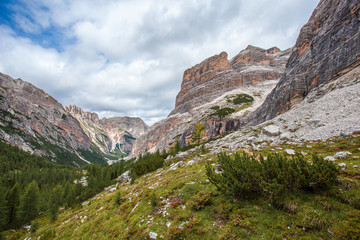 Fototapeta na wymiar View of wild Travenanzes valley with Vallon Bianco and Nemesis Mounts background, Dolomites, Italy