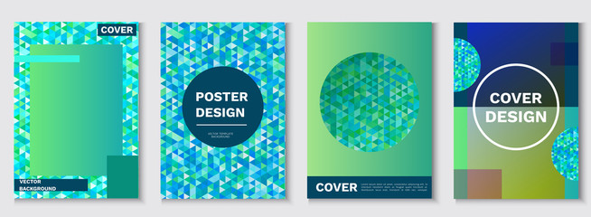 Mosaic posters set, geometric shapes, isometric pattern, hipster color background, turquoise cover in trendy minimalistic style, vector fashion wallpaper, banner, cove