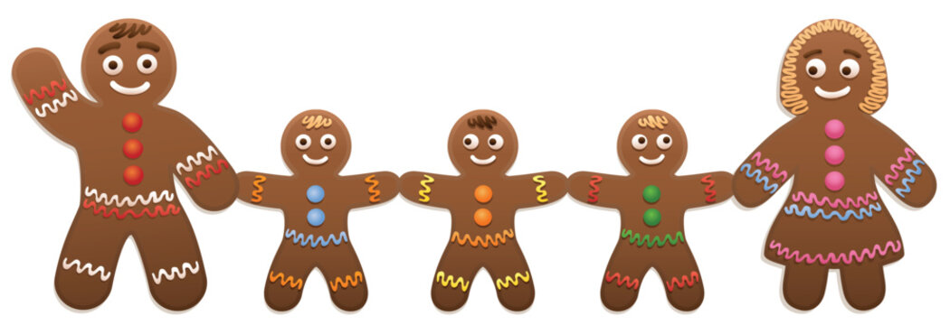 Gingerbread man family - father, mother and three children - cute and sweet christmas cookies.