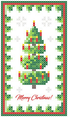 Merry Christmas greeting card, Happy new year illustration. Christmas tree with decor, like cross-stitch. Christmas pattern. Scheme for needlework.