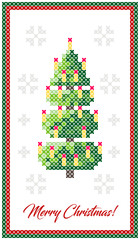 Naklejka premium Merry Christmas greeting card, Happy new year illustration. Christmas tree with decor, like cross-stitch. Christmas pattern. Scheme for needlework.