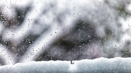 Snow covered window glass with water droplets, blurred winter garden view and copy-space
