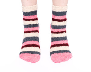Multicolor women's fuzzy ankle socks with stripes isolated on white background